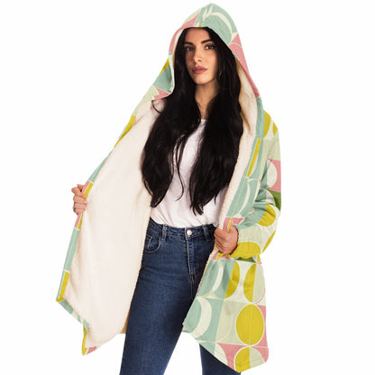 Mid Century Modern Hooded Cloak, Geometric Retro Vintage Coat Men Women Male Ladies Winter Warm Mink Fleece Blanket Wearable Cape