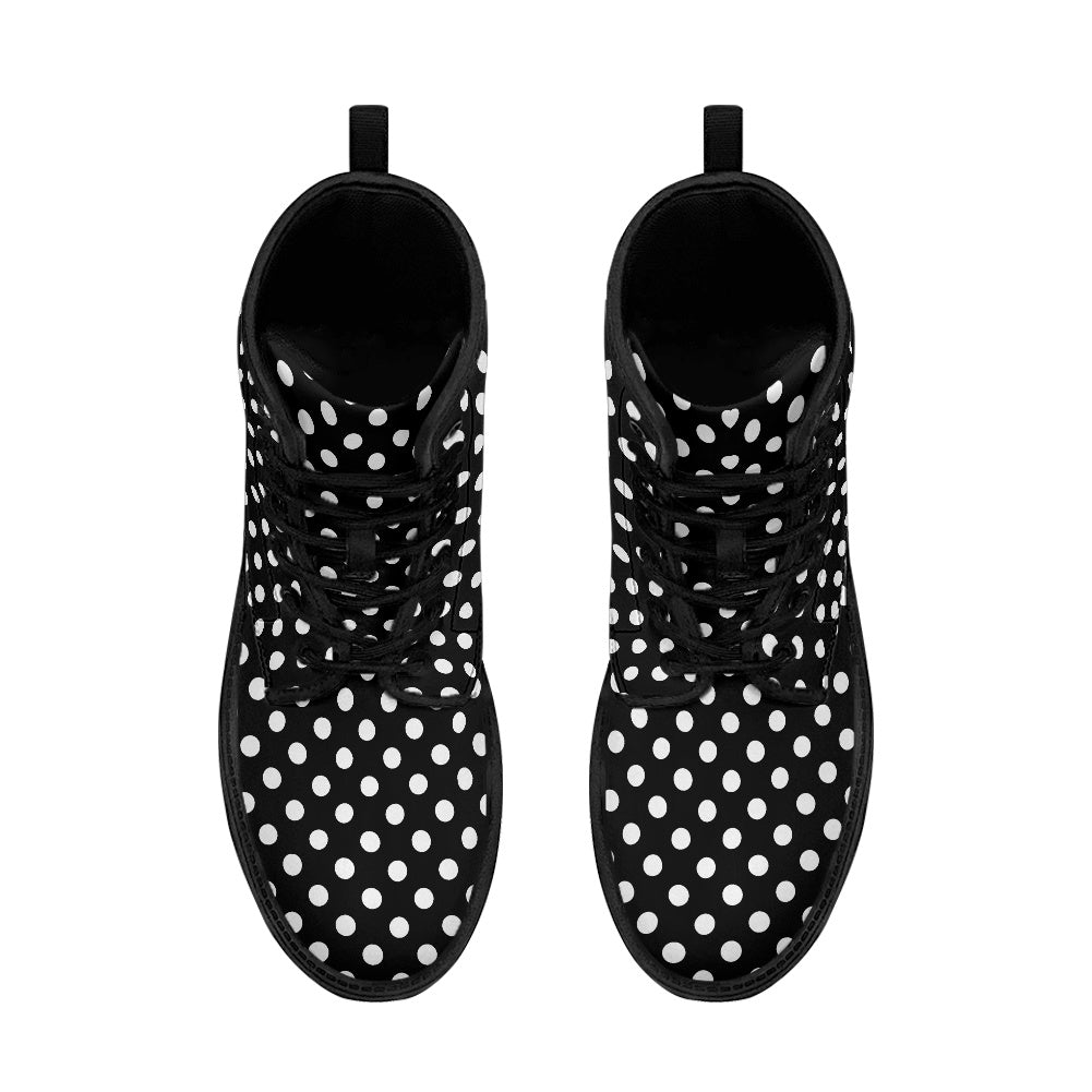 Polka Dots Leather Boots, Black White Retro Vintage Lace Up Shoes Hiking Women Men Female Festival Ankle Combat Work Winter Casual Custom