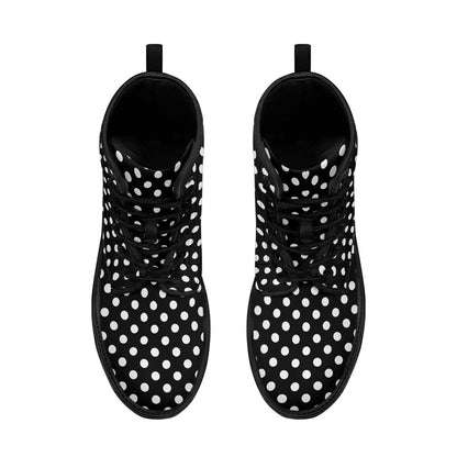 Polka Dots Leather Boots, Black White Retro Vintage Lace Up Shoes Hiking Women Men Female Festival Ankle Combat Work Winter Casual Custom