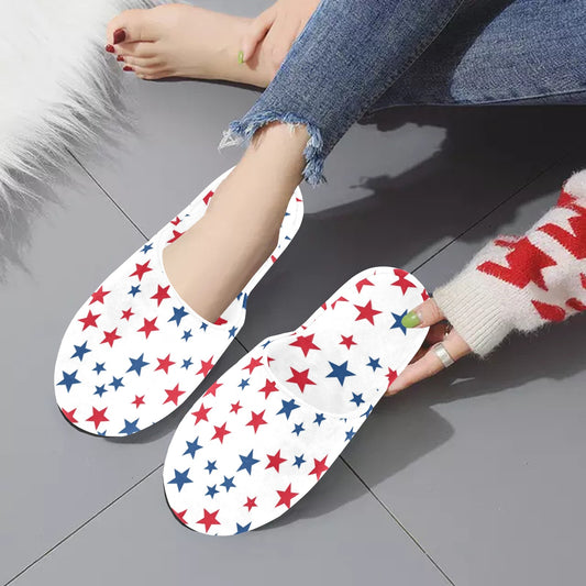 Red White Blue Stars Women's House Slide Slippers, Patriotic American USA Handmade Bedroom Cozy Winter Bedroom Shoes Gift for Her Loungewear