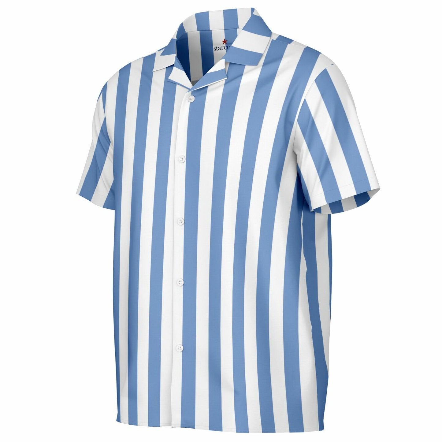 Blue White Striped Men Button Down Shirt, Beach Spread Collar Short Sleeve Guys Casual Print Buttoned Up Plus Size Unisex