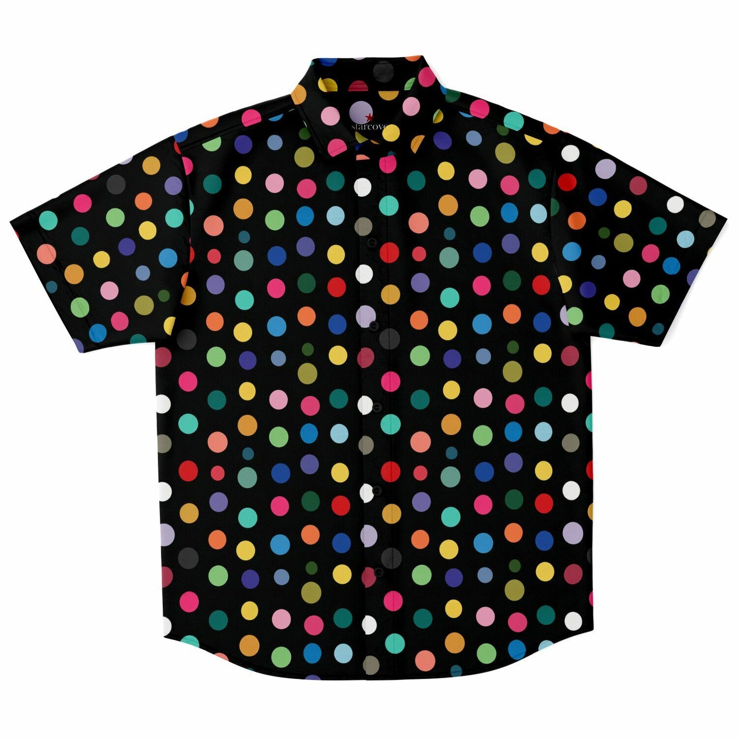 Vibrant Polk Dots Men Button Up Shirt, Colorful Festival Short Sleeve Print Casual Buttoned Down Summer Male Guys Collared Designer Dress