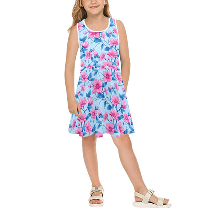 Blue Pink Floral Midi Girls Dress, Flowers Kids Sleeveless Sundress Casual Cute Designer Children Elegant Cocktail Party Summer Designer