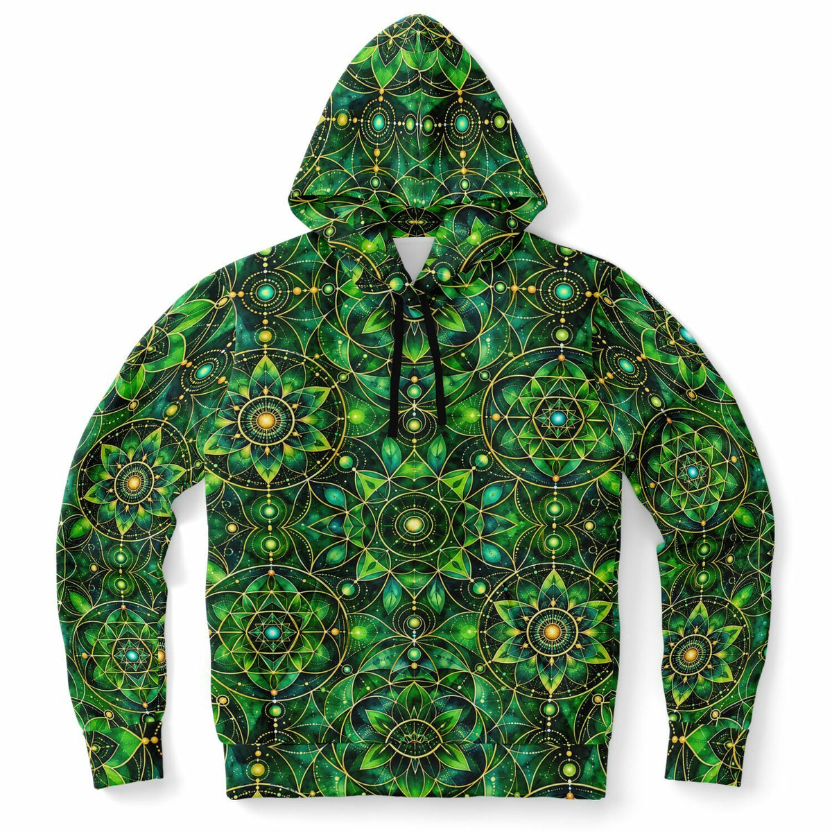 Emerald Mandala Hoodie, Green Psychedelic Geometric Pullover Men Women Adult Graphic Cotton Hooded Sweatshirt Pockets Designer Plus Size