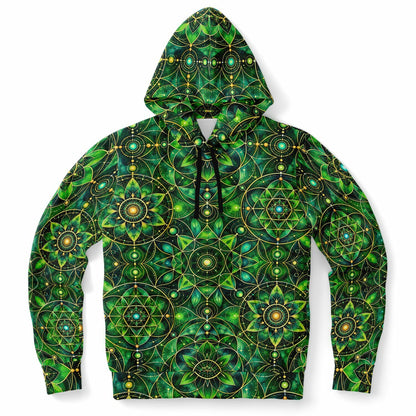 Emerald Mandala Hoodie, Green Psychedelic Geometric Pullover Men Women Adult Graphic Cotton Hooded Sweatshirt Pockets Designer Plus Size
