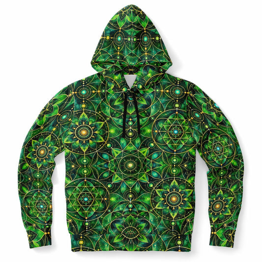 Emerald Mandala Hoodie, Green Psychedelic Geometric Pullover Men Women Adult Graphic Cotton Hooded Sweatshirt Pockets Designer Plus Size