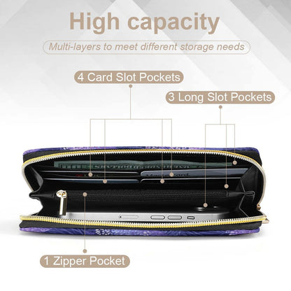 Black Cat Leather Wallet Women, Lilac Purple Floral Flowers Vegan Zipper Zip Around Coins Credit Cards Pocket Cash Ladies Slim Clutch Purse