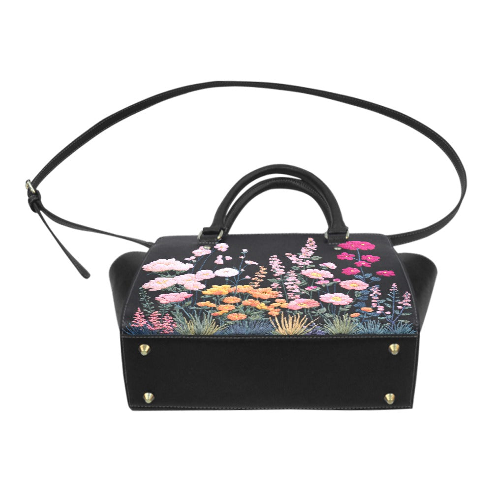 Floral Purse Handbag, Pink Green Flowers Faux Embroidery Vegan Leather Designer Women Ladies Female Tote Top Zip Handle Bag Shoulder Strap