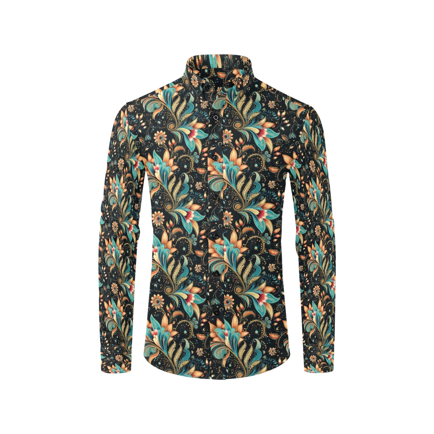 Floral Paisley Long Sleeve Men Button Up Shirt, Vintage Retro Boho Print Buttoned Down Collar Casual Dress Shirt with Chest Pocket Starcove Fashion