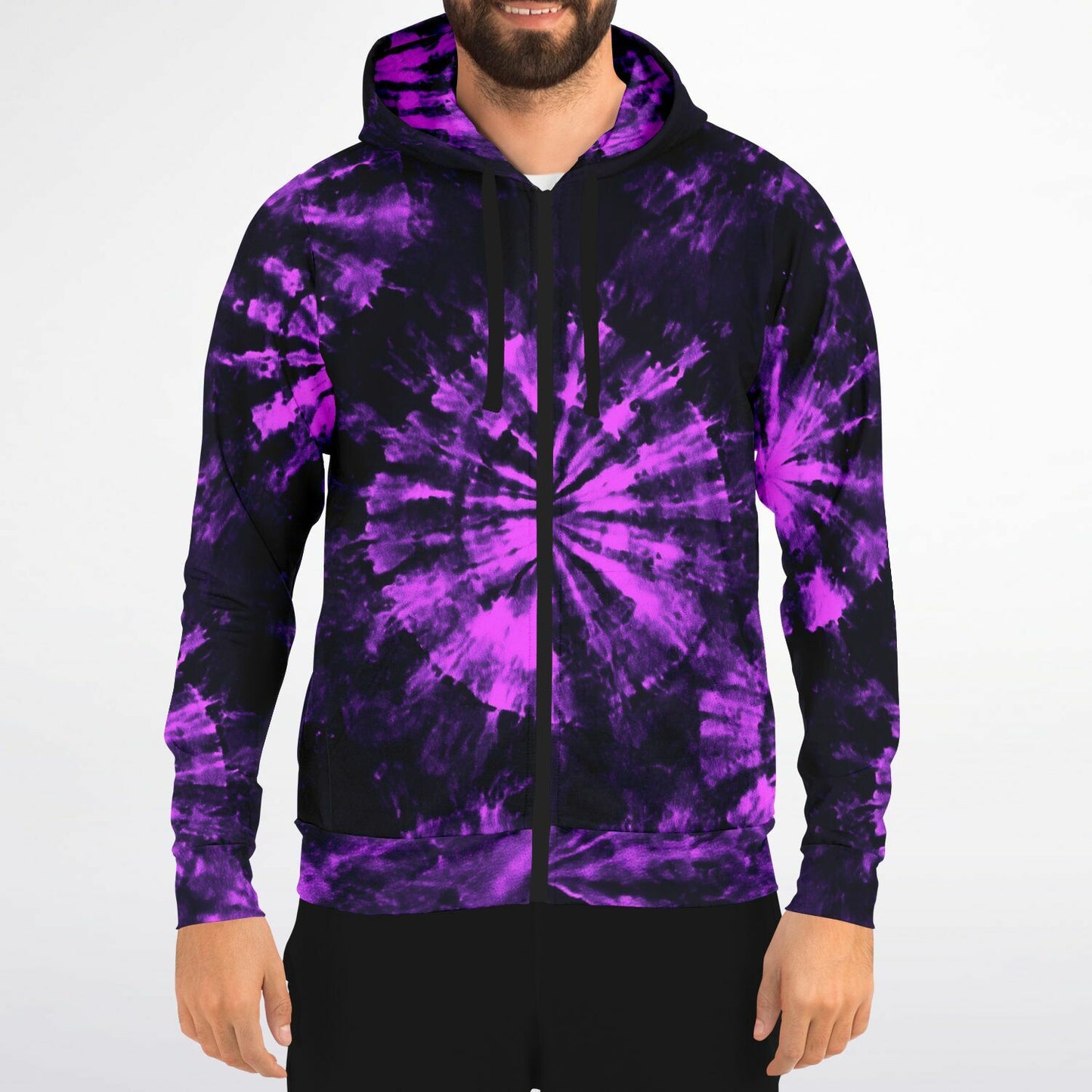 Black Purple Tie Dye Zip Up Hoodie, Full Zipper Pocket Men Women Unisex Adult Aesthetic Graphic Cotton Fleece Hooded Sweatshirt