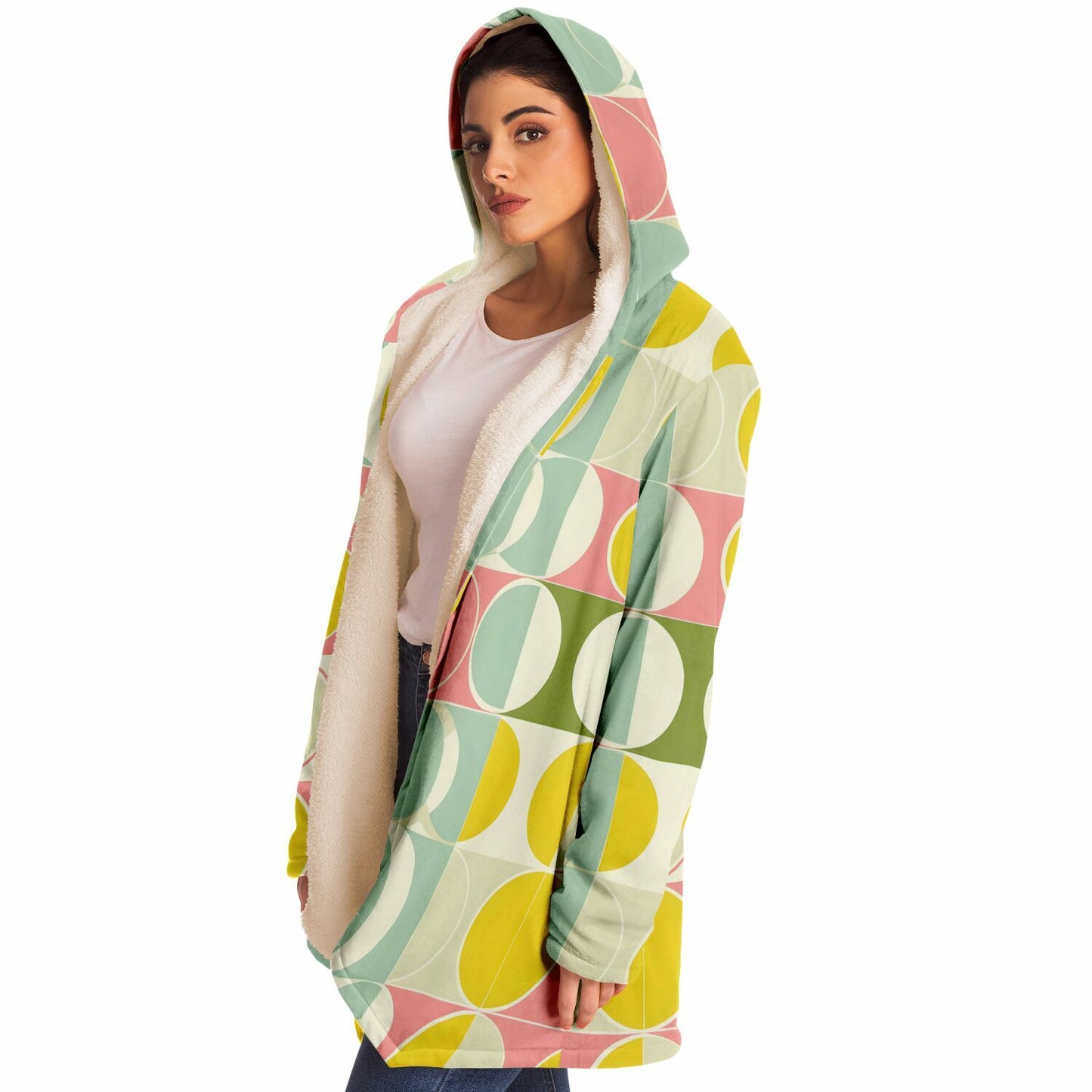 Mid Century Modern Hooded Cloak, Geometric Retro Vintage Coat Men Women Male Ladies Winter Warm Mink Fleece Blanket Wearable Cape