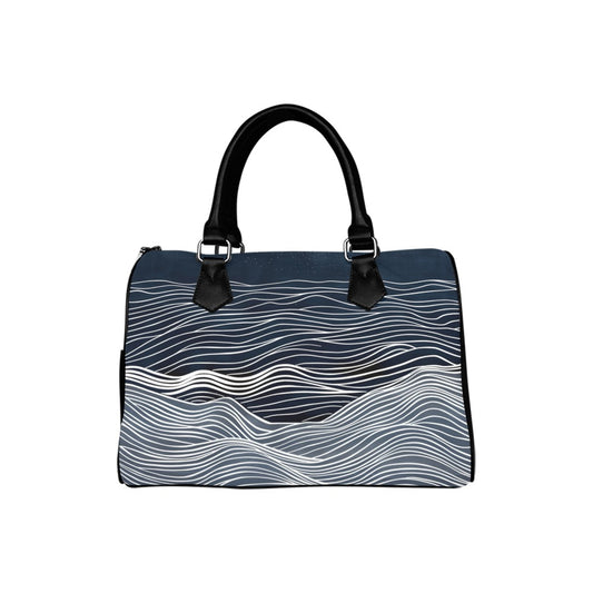 Ocean Handbag, Blue Navy Sea Waves Minimalist Print Canvas and Leather Top Handle Barrel Boston Type Designer Women Ladies Purse Bag