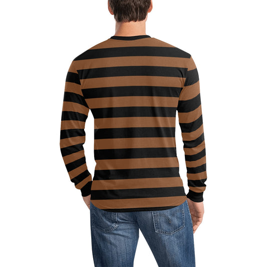 Black and Brown Striped TShirt Men Long Sleeve, Graphic Vintage Retro Stripes Crewneck Unisex Women Halloween Punk Grunge Designer Tee - Starcove Fashion