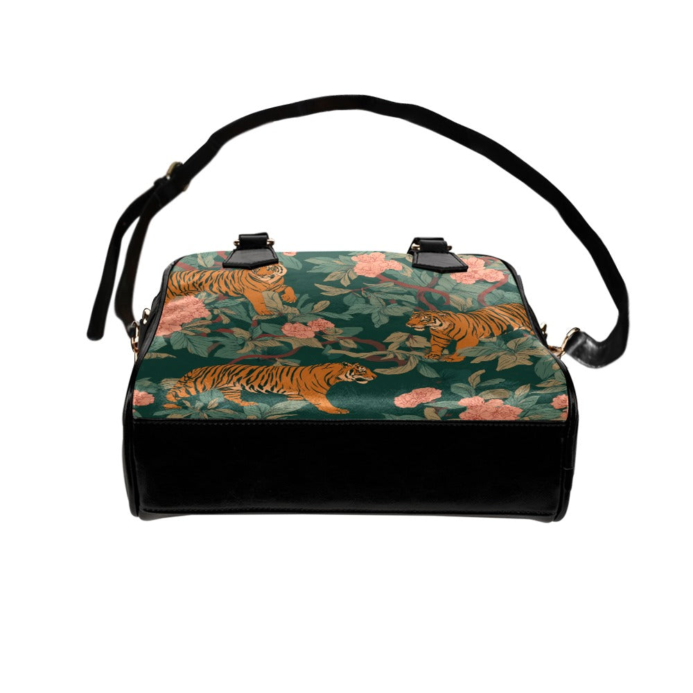 Tiger Purse, Animal Jungle Floral Flowers Print Panther Puma Pattern Cute Small Shoulder Bag Vegan Leather Women Designer Handbag Crossbody