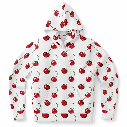 Cherry Hoodie, Red White Fruit Pullover Men Women Adult Aesthetic Graphic Cotton Hooded Sweatshirt with Pockets Designer Plus Size