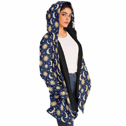 Sun Moon Hooded Cloak, Blue Navy Celestial Cosmic Space Coat Men Women Ladies Winter Warm Mink Fleece Blanket Robe Wearable Cape Pockets
