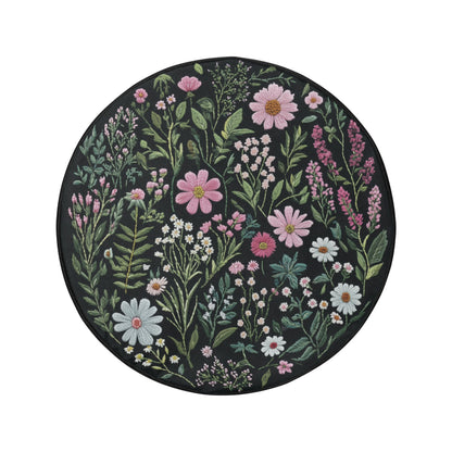 Pink Wild Flowers Spare Tire Cover, Faux Embroidery Printed Floral Wheel Auto Car Unique Design Backup Camera Hole Trailer Back Women RV