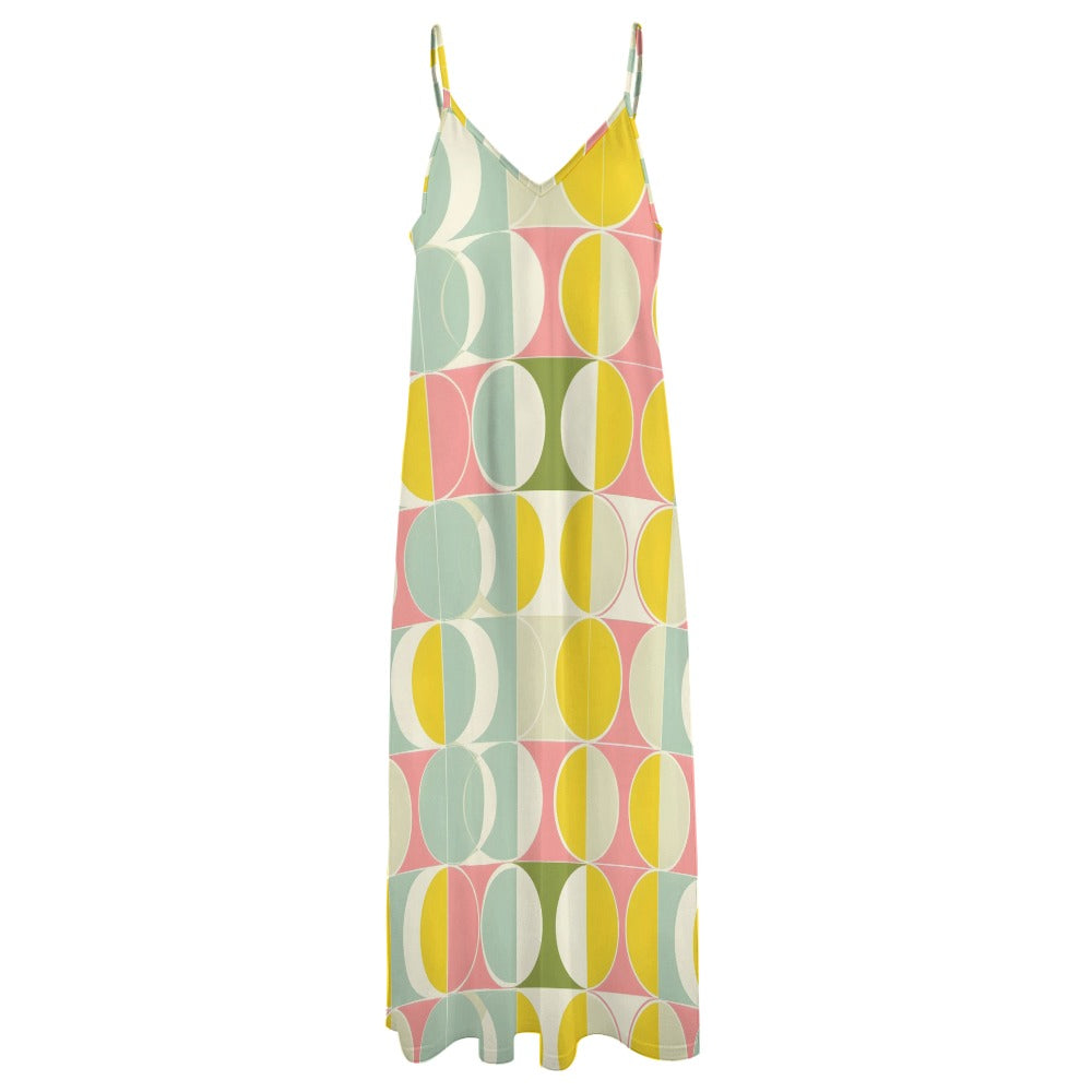 Mid Century Modern Maxi Dress, 60s 1960s Vintage Retro Long Spaghetti Straps Women Sleeveless Casual Designer Elegant Plus Size Cocktail