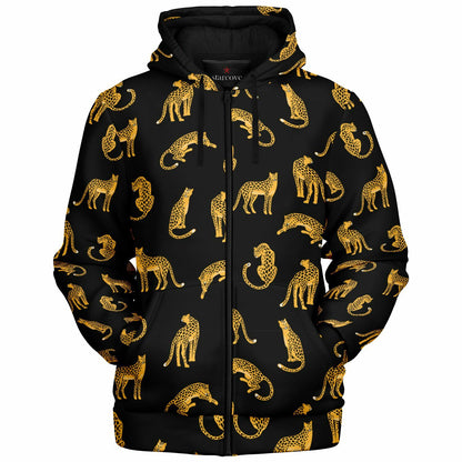 Leopard Zip Up Fleece Lined Hoodie, Animal Cheetah Print Heavyweight Full Zipper Pocket Men Women Unisex Graphic Hooded Sweatshirt Jacket