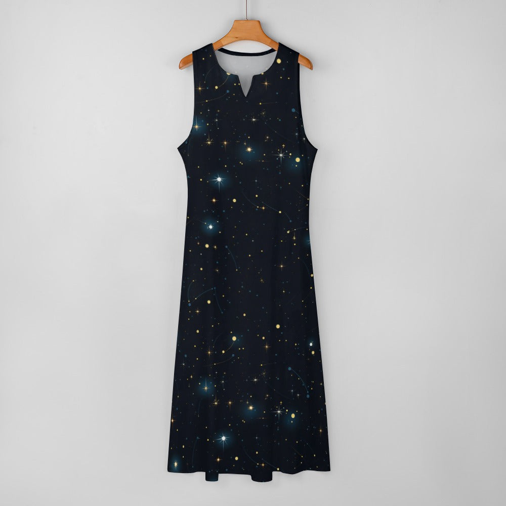 Constellation Maxi Sleeveless Dress, Galaxy Universe Print Space Stars Party Handmade Celestial A Line Women Ladies Cocktail Pockets Long - Starcove Fashion