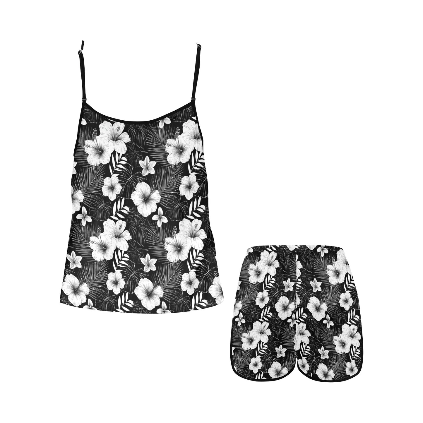 Black White Pajamas Set, Floral Flowers Women Ladies Sleepwear Short Sleeve Sleep Shirt Shorts Night Wear Plus Size Summer Designer PJs