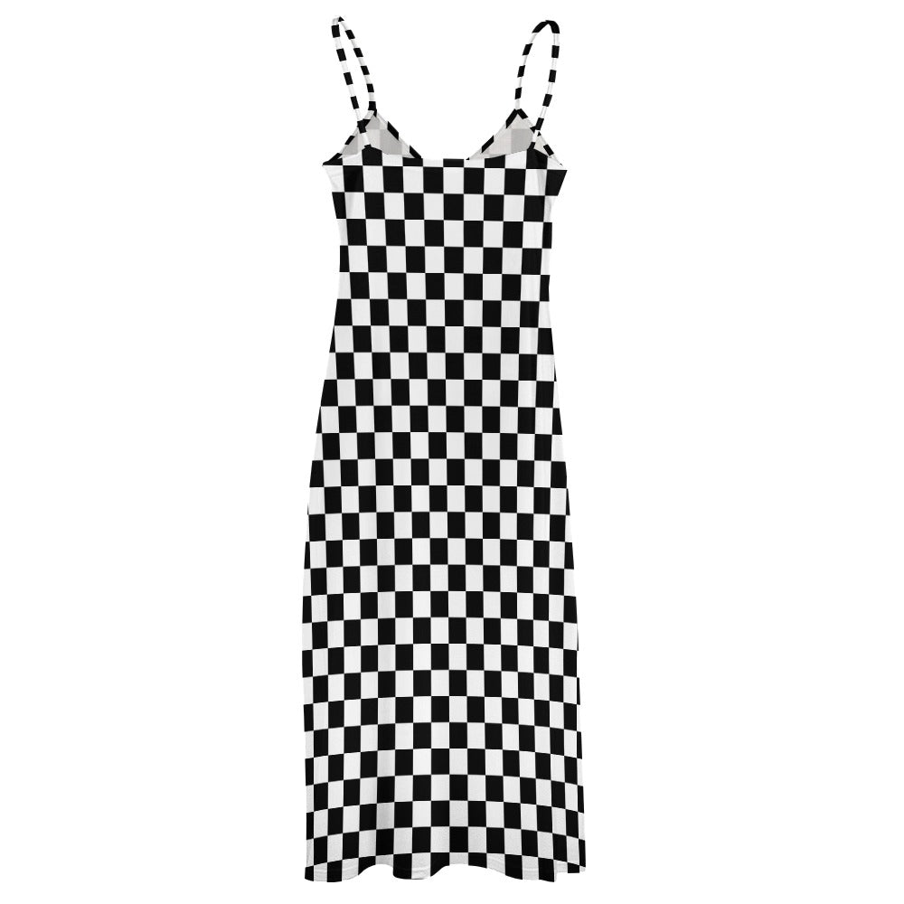 Checkered Maxi Dress, Black White Check Long Spaghetti Straps Flowy Women Sleeveless Casual Designer Elegant Plus Size Cocktail Party Summer