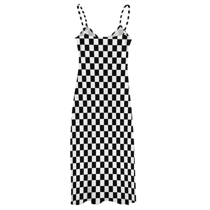 Checkered Maxi Dress, Black White Check Long Spaghetti Straps Flowy Women Sleeveless Casual Designer Elegant Plus Size Cocktail Party Summer