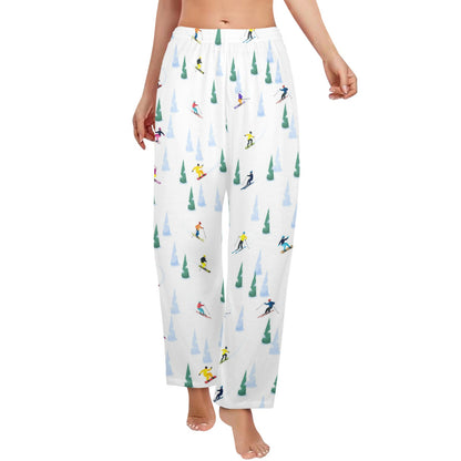 Ski Women Pajamas Pants, Snowboard Skier Pine Trees Snow Winter Sports Satin PJ Funny Pockets Trousers Couples Matching Ladies Bottoms