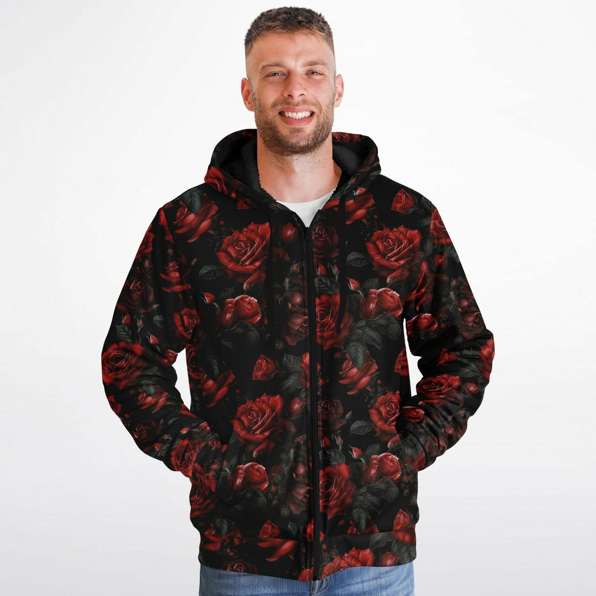 Red Roses Zip Up Fleece Lined Hoodie, Floral Flowers Sherpa Heavyweight Full Zipper Pocket Men Women Unisex Graphic Hooded Sweatshirt Jacket