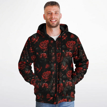 Red Roses Zip Up Fleece Lined Hoodie, Floral Flowers Sherpa Heavyweight Full Zipper Pocket Men Women Unisex Graphic Hooded Sweatshirt Jacket