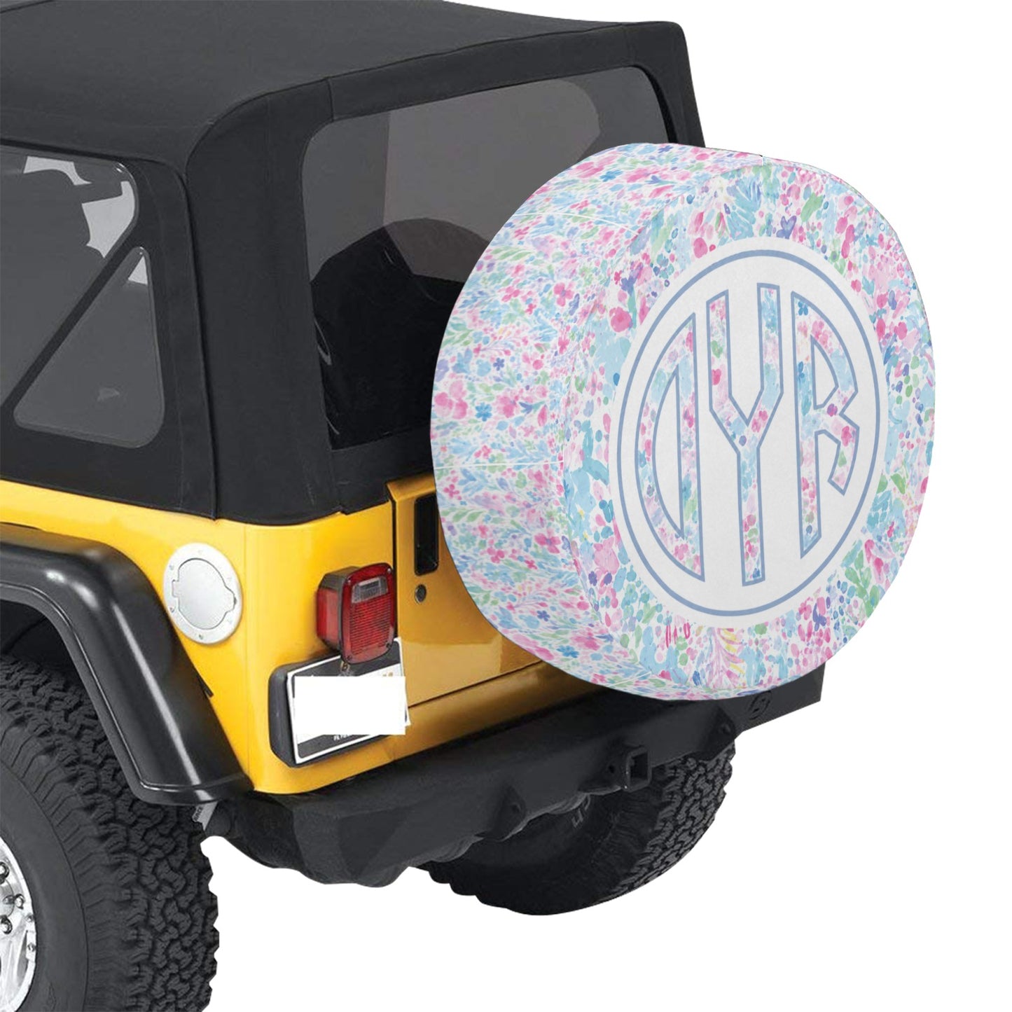 Monogram Custom Spare Tire Cover, Personalized Pink White Floral Paint Wheel Backup Camera Hole Camping RV Back Women Trailer Waterproof - Starcove Fashion