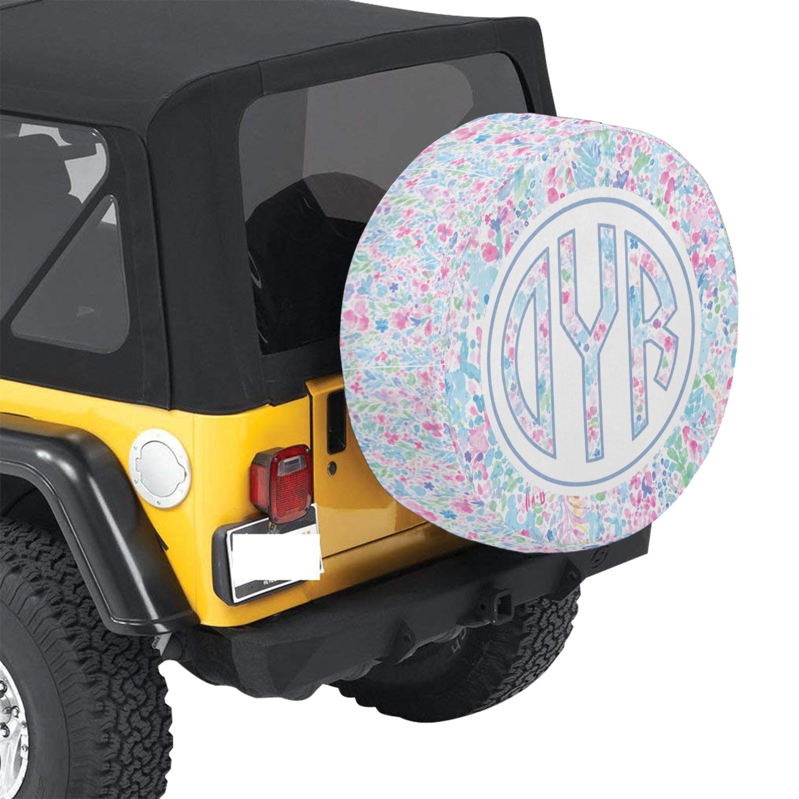 Monogram Custom Spare Tire Cover, Personalized Pink White Floral Paint Wheel Backup Camera Hole Camping RV Back Women Trailer Waterproof - Starcove Fashion