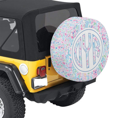 Monogram Custom Spare Tire Cover, Personalized Pink White Floral Paint Wheel Backup Camera Hole Camping RV Back Women Trailer Waterproof - Starcove Fashion