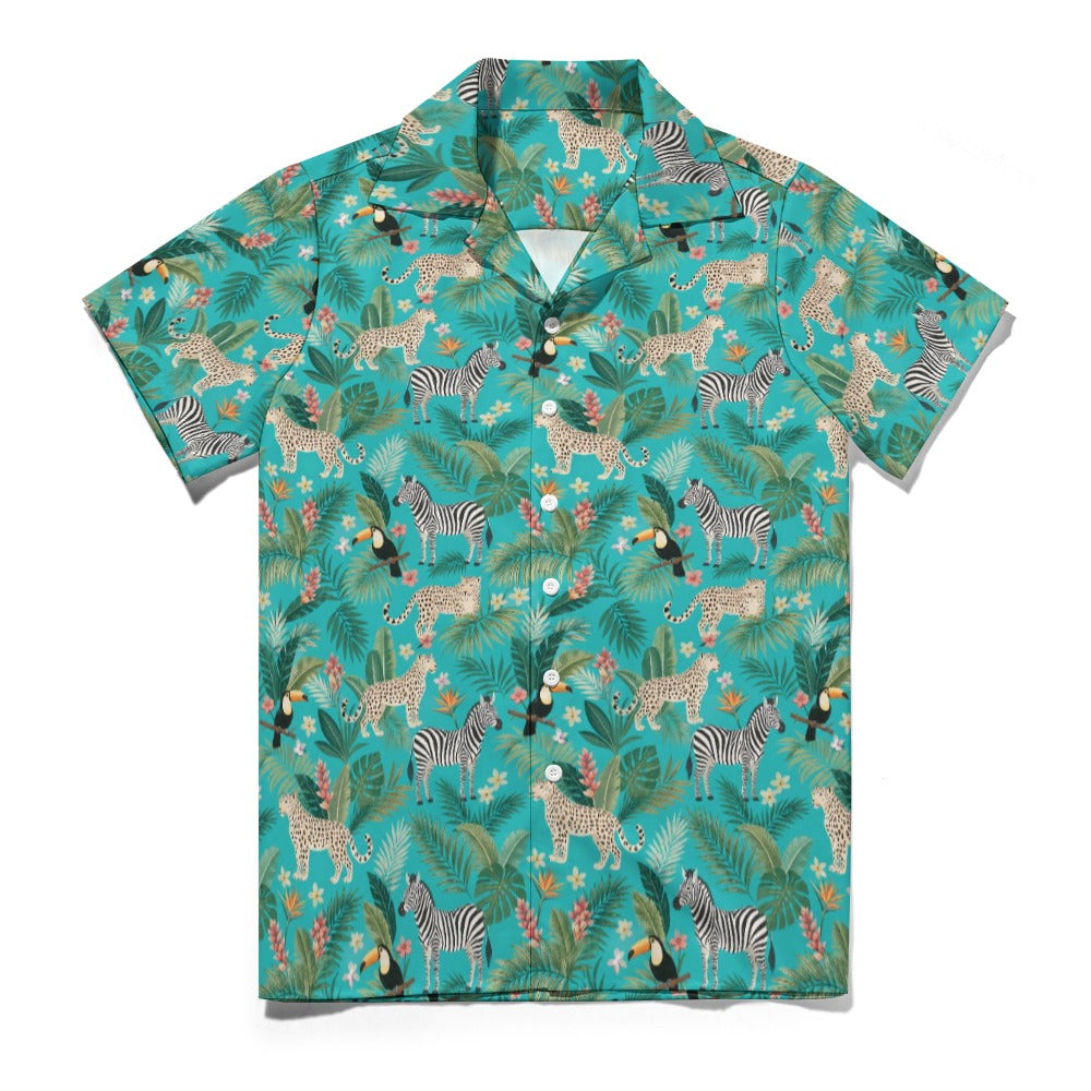 Animal Print Men Button Up Shirt, Leopard Teal Jungle Short Sleeve Print Casual Buttoned Down Summer Male Guys Collared Designer Dress