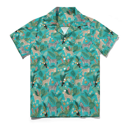 Animal Print Men Button Up Shirt, Leopard Teal Jungle Short Sleeve Print Casual Buttoned Down Summer Male Guys Collared Designer Dress
