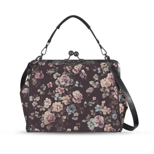Rococo Floral Kiss Lock Purse Handbag, Purple Pink Flowers Retro Vegan Leather Vintage Designer Shoulder Crossbody Top Handle Clasp Bag