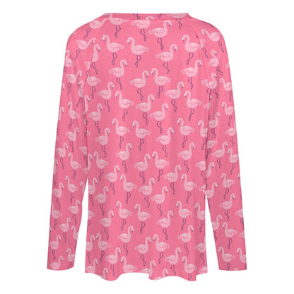 Pink Flamingo Women Long Sleeve Tshirt loose fit, Bird Animal Relaxed V-neck Designer Graphic Aesthetic Ladies Female Tee Top Shirt