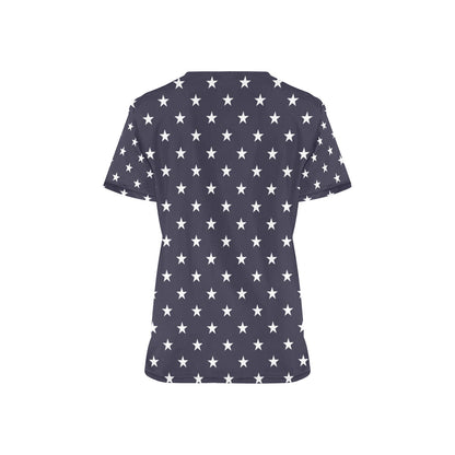 Navy Stars Medical Scrubs Top Women, American Ladies Female Plus Size Nursing Cute Printed Nurse Vet Veterinary Assistant Uniform Pockets - Starcove Fashion
