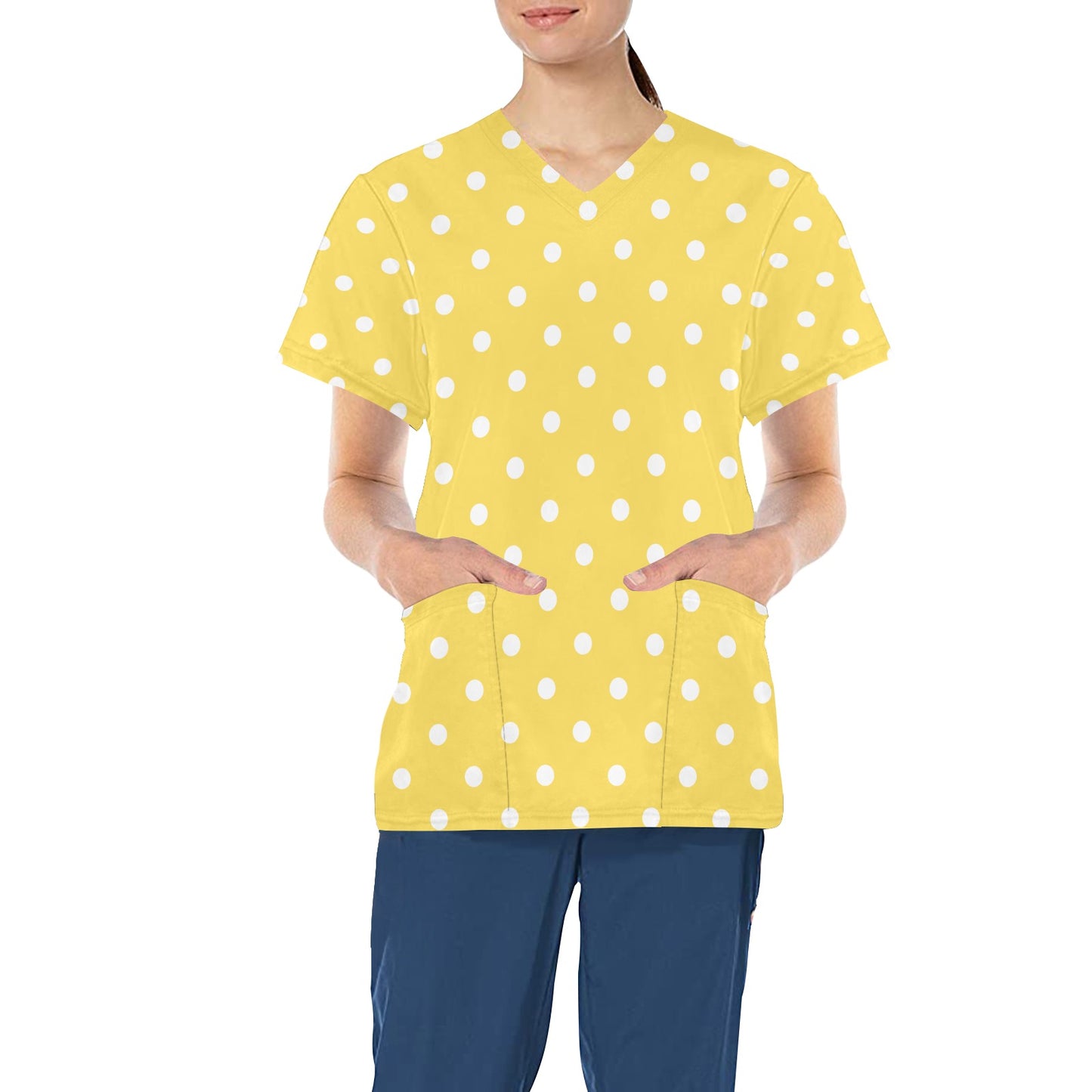 Yellow Polka Dots Medical Scrubs Top Women, Printed Ladies Female Plus Size Nursing Nurse Vet Veterinary Uniform Pockets Patterned