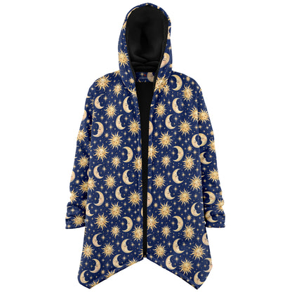 Sun Moon Hooded Cloak, Blue Navy Celestial Cosmic Space Coat Men Women Ladies Winter Warm Mink Fleece Blanket Robe Wearable Cape Pockets