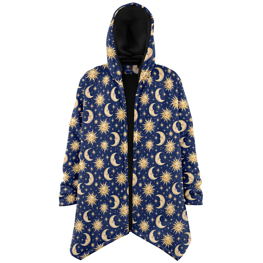 Sun Moon Hooded Cloak, Blue Navy Celestial Cosmic Space Coat Men Women Ladies Winter Warm Mink Fleece Blanket Robe Wearable Cape Pockets