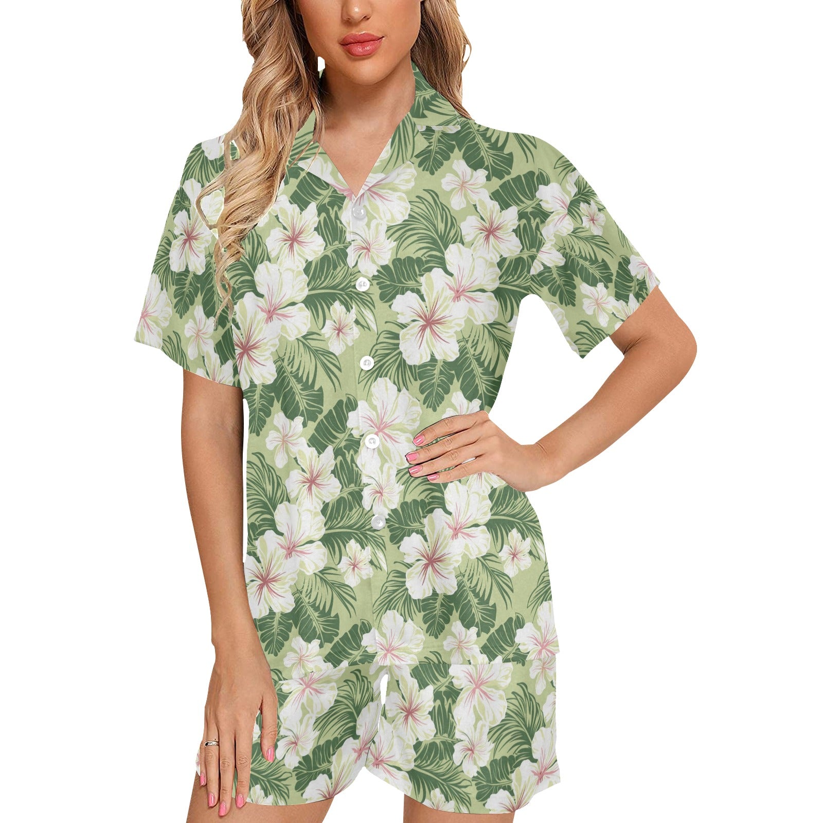 Green Floral Pajamas Set, White Flowers Botanical Sleepwear Short Sleeve Sleep Shirt Shorts Night Plus Size Summer Designer PJs Button Up - Starcove Fashion