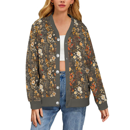 Floral Brown Cardigan Women, Fall Autumn Flowers Sweatshirt Sweater Long Sleeve Ladies Plus Size V Neck Lightweight Button Up Designer