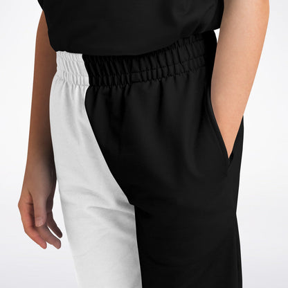 Half Black Half White Kids Joggers Sweatpants Pockets, Two Tone Split Color Block Youth Boys Fleece Fun Comfy Sweats Girls Pants Loungewear