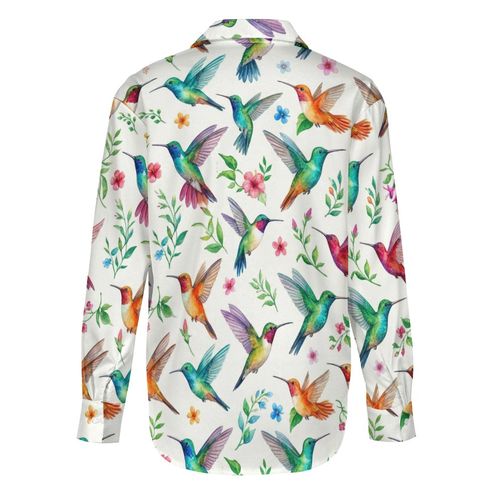 Hummingbird Long Sleeve Shirt Women, Bird Animal Button Up Ladies Blouse Print Buttoned Down Collared Casual Dress Going Out Top - Starcove Fashion