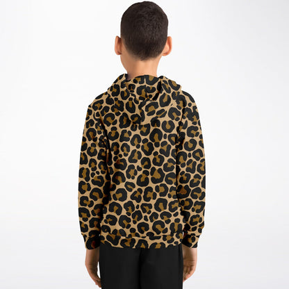 Leopard Kids Pullover Hoodie, Animal Cheetah Brown Print Girls Boy Toddler Youth Children Fleece Cozy Cotton Hooded Sweatshirt Pockets