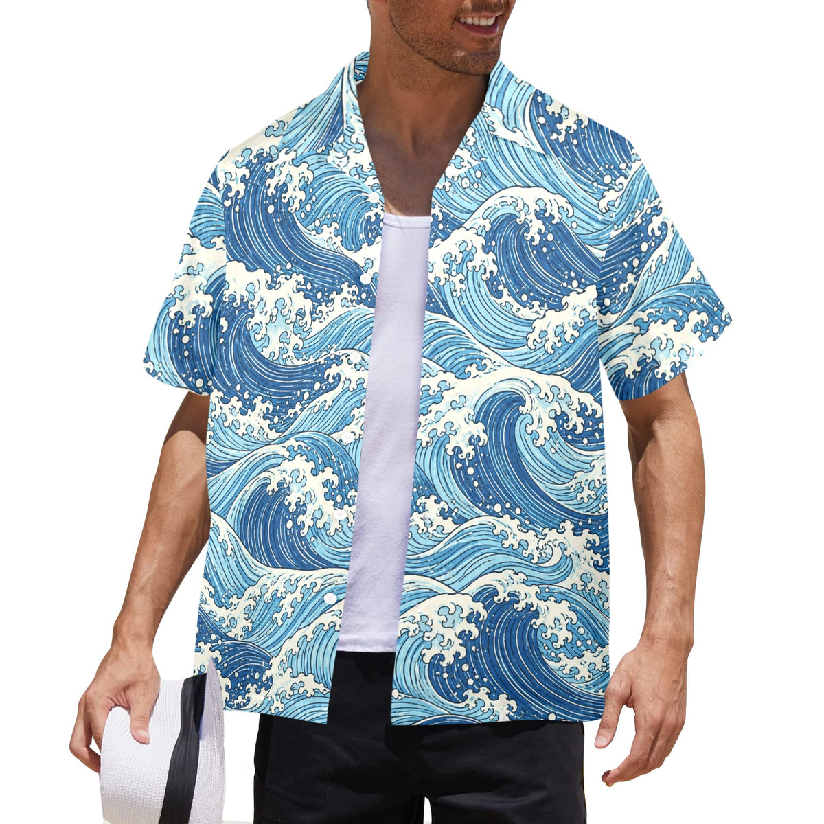 Blue wave Hawaiian Men Shirt, Japanese Ocean Sea Indigo Surf Beach Vintage Aloha Hawaii Tropical Plus Size Guys Button Down Vacation