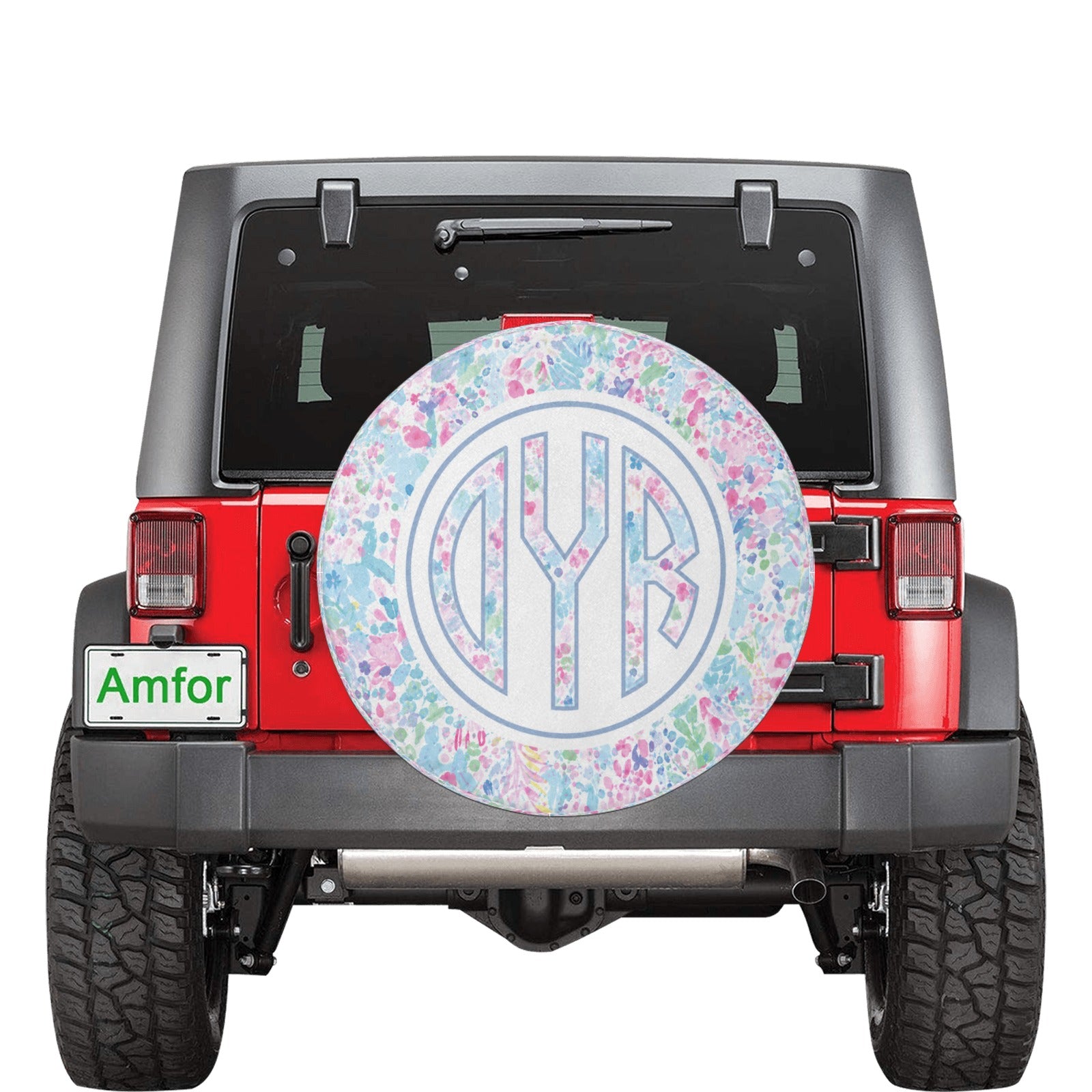 Monogram Custom Spare Tire Cover, Personalized Pink White Floral Paint Wheel Backup Camera Hole Camping RV Back Women Trailer Waterproof - Starcove Fashion