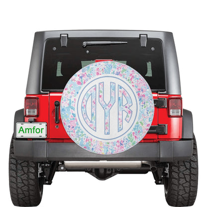 Monogram Custom Spare Tire Cover, Personalized Pink White Floral Paint Wheel Backup Camera Hole Camping RV Back Women Trailer Waterproof - Starcove Fashion