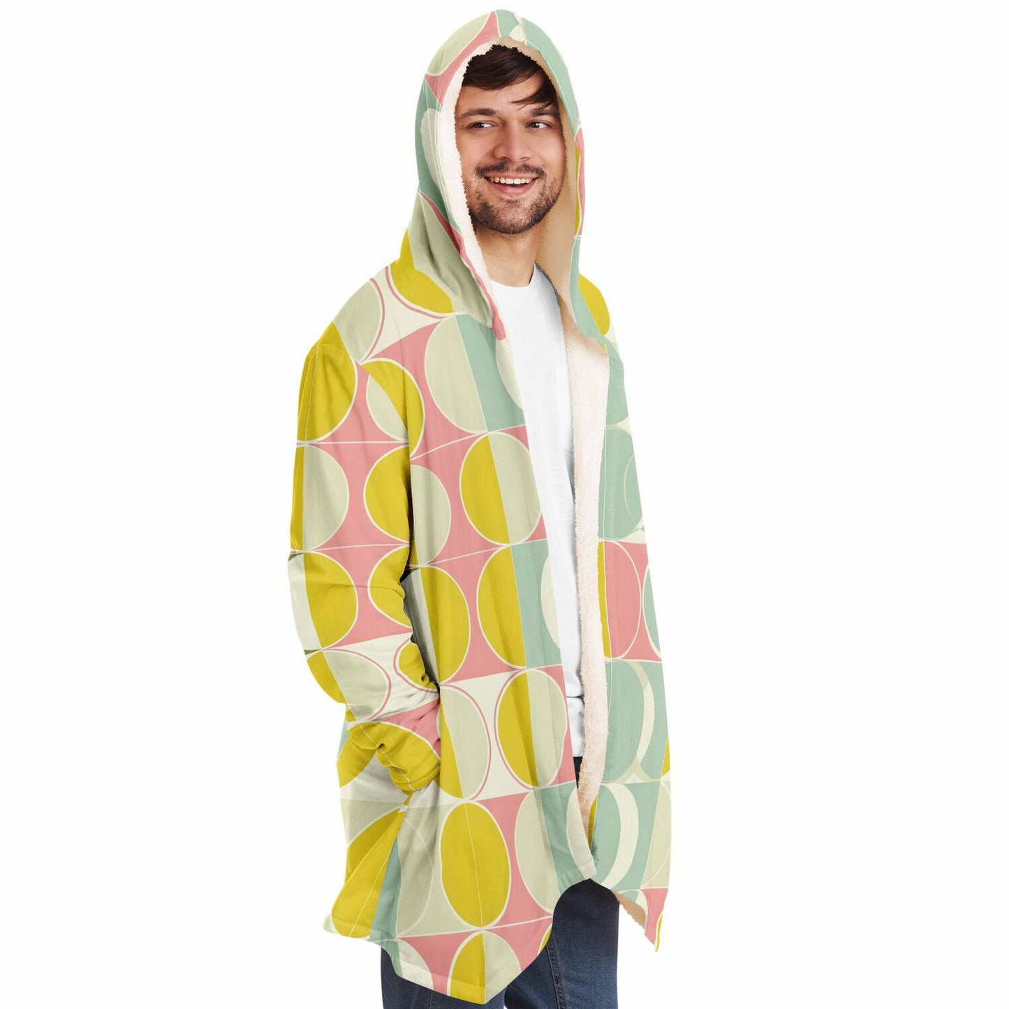 Mid Century Modern Hooded Cloak, Geometric Retro Vintage Coat Men Women Male Ladies Winter Warm Mink Fleece Blanket Wearable Cape